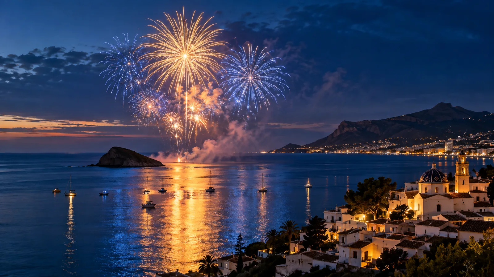 Wizualizacja AI: Fuegos de la Olla (Castell de l'Olla) w Altei — najsłynniejszy pokaz fajerwerków na Costa Blanca — ilustracja redakcyjna