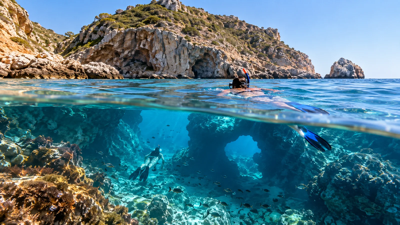 Wizualizacja AI: Cala Portitxol — nurkowanie i snorkeling — ilustracja redakcyjna