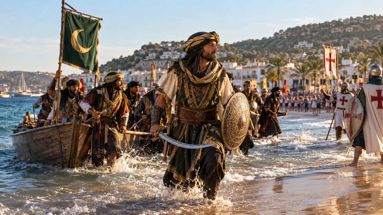Wizualizacja AI: Moros y Cristianos w Jávei — Duanes de la Mar — ilustracja redakcyjna