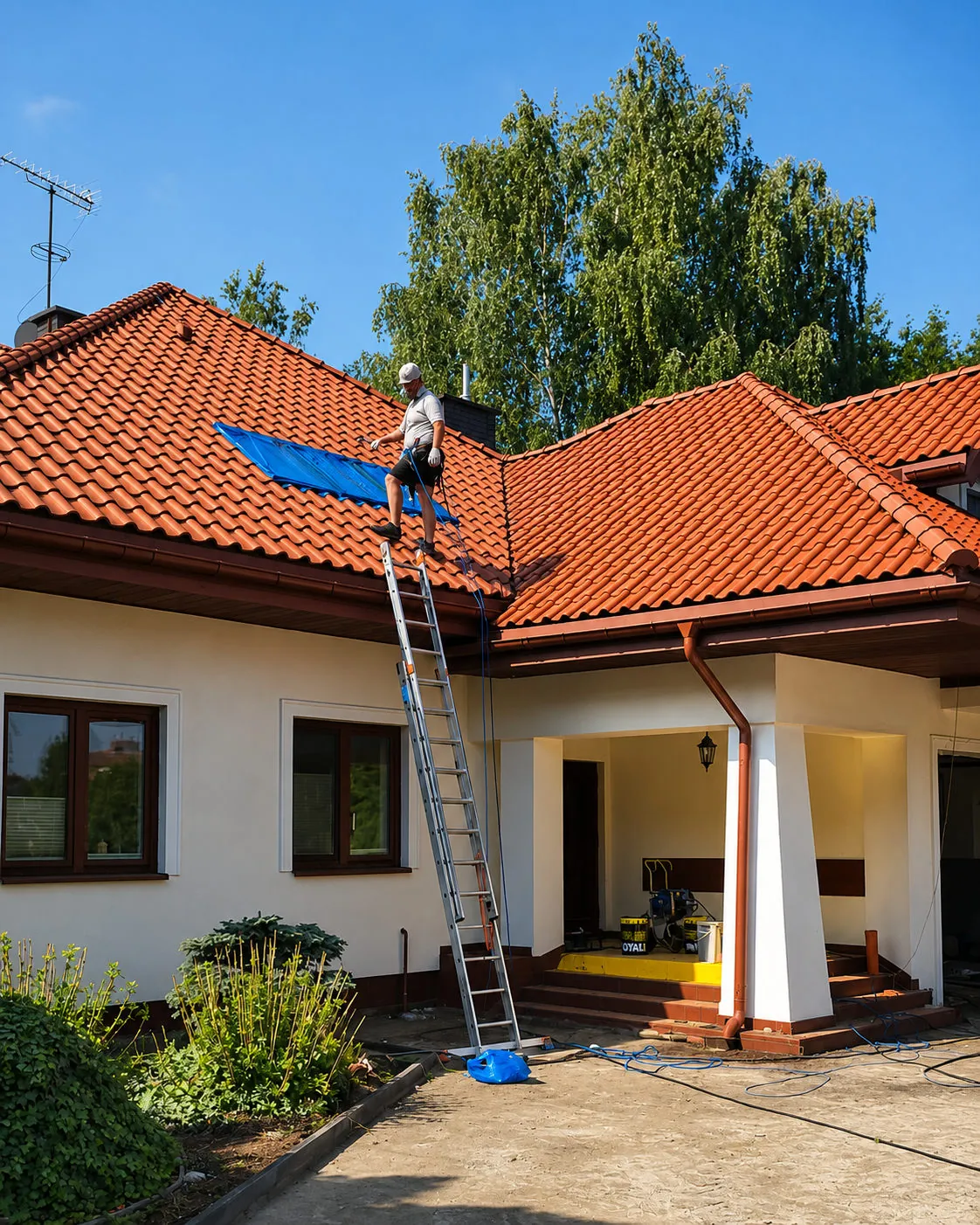 Dekarz przy pracach na dachu z dachówką
