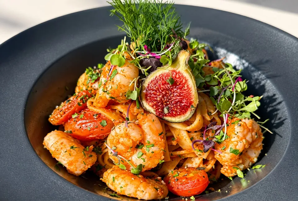 Tagliatelle z krewetkami, pomidorkami koktajlowymi i połówką figi, udekorowane świeżymi ziołami