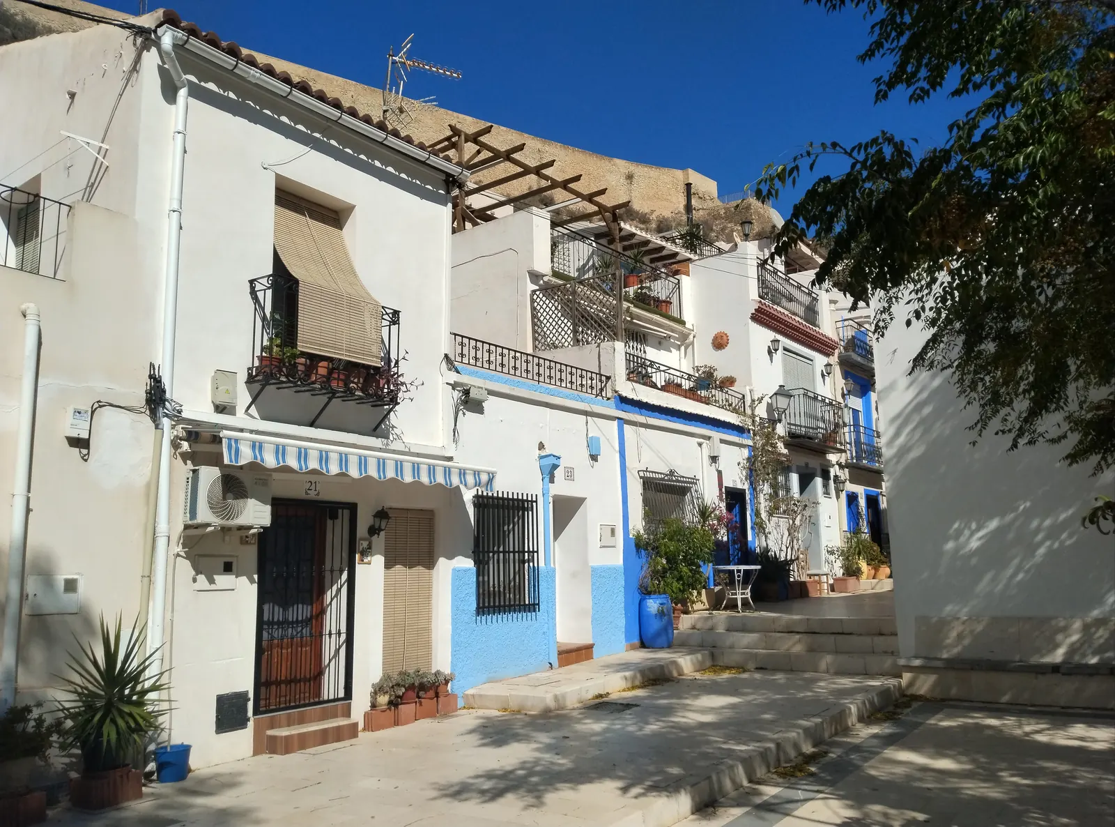Wąska uliczka Barrio Santa Cruz w Alicante z bielonymi domami i kwiatami